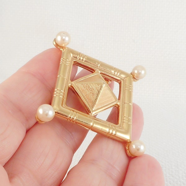 Vintage RARE Sandra Miller Burrows Gold Pyramid & Pearls Brooch SMB Unique Pyramid Brooch Sandi Burrows Statement Brooch Gift for Her