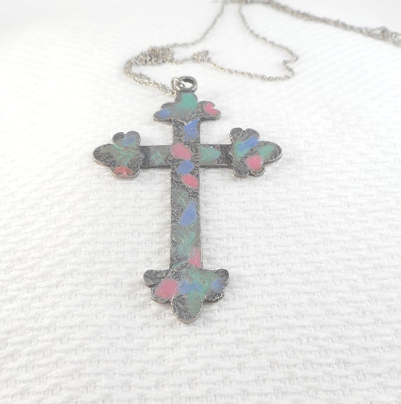 Vintage Pewter Floral Pastel Cross Necklace Boho Big Cross Necklace Bottony Cross Necklace Pastel Floral Statement Cross Necklace For Her