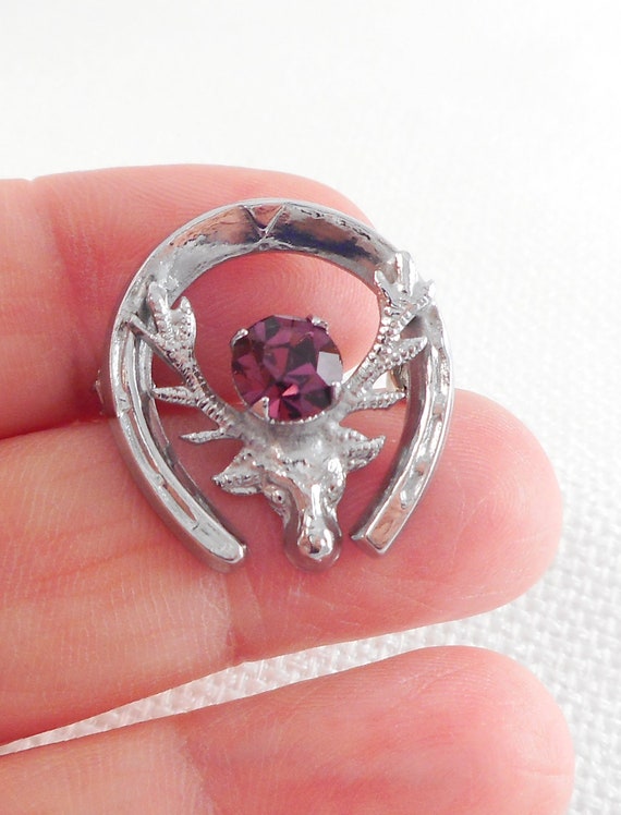 Vintage Mizpah Scottish Stag Head Brooch Amethyst… - image 2