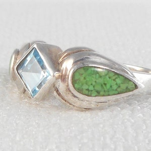 Vintage Modernist Sterling Silver Topaz & Green Turquiose Inlay Ring Real Topaz and Turquoise Ring Signed DC Blue Green Stones Ring for Her image 5