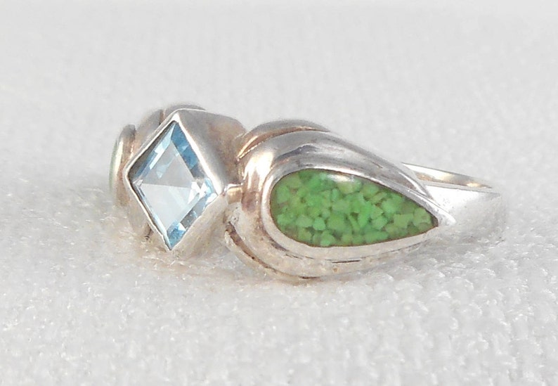 Vintage Modernist Sterling Silver Topaz & Green Turquiose Inlay Ring Real Topaz and Turquoise Ring Signed DC Blue Green Stones Ring for Her image 5