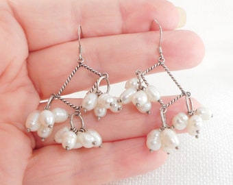 Vintage Sterling Silver Unique Pearl Clusters Drop Earrings Modernist Sterling Drop Pearls Earrings Boho Drop Pearls Earrings Gift for Her