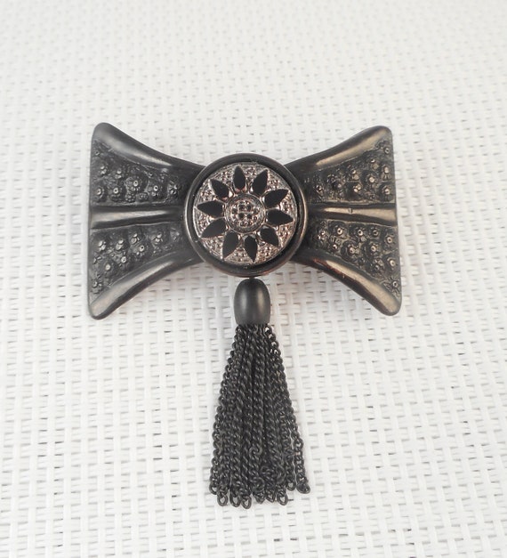 Vintage Victorian Revival Black Bow Tassel Brooch 