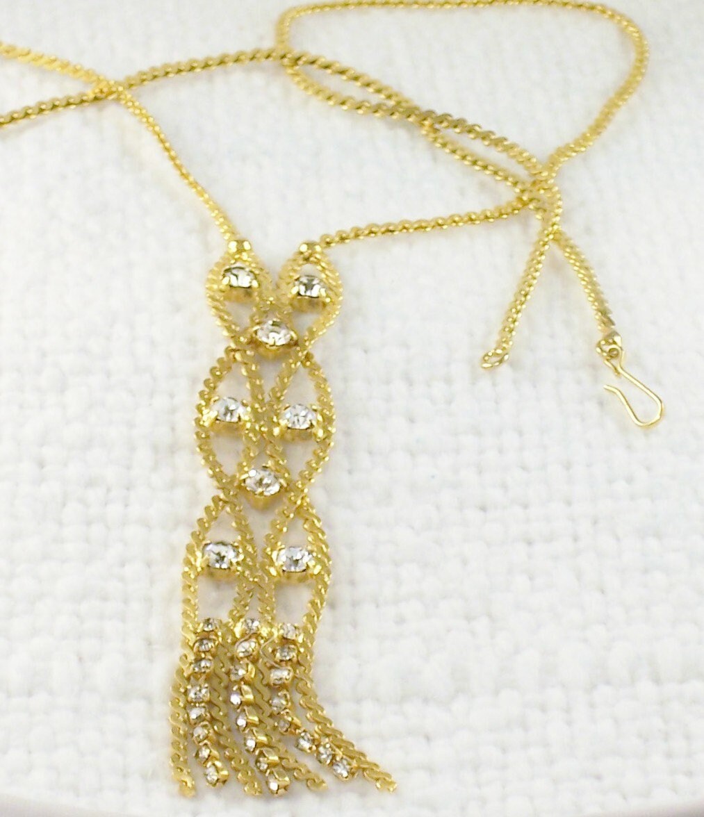 Vintage Long Gold Chain and Rhinestone Drop Necklace with Hook Clasp Statement Necklace Drop Bling Necklace Jewelry for Her