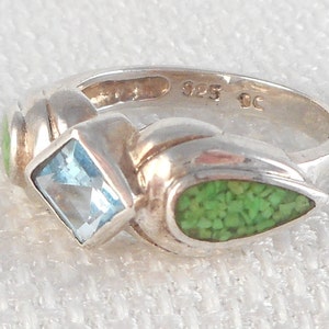 Vintage Modernist Sterling Silver Topaz & Green Turquiose Inlay Ring Real Topaz and Turquoise Ring Signed DC Blue Green Stones Ring for Her image 6