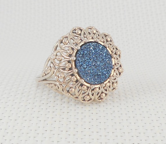 Vintage Sterling HSN Orvieto Blue Druzy Ring Larg… - image 1