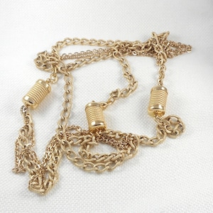 Vintage 60&#39;s Long Drop Gold Necklace with Big Textured Barrels 60&#39;s Runway Necklace Vintage Hippie Boho Long Necklace