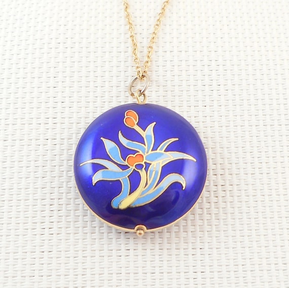 Pendentif Collier Années 70 Double Poisson émail Cloisonné Bleu - Vintage