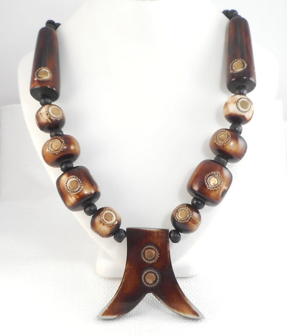 Vintage African Brass Inlaid Bone Beads Necklace Tribal African