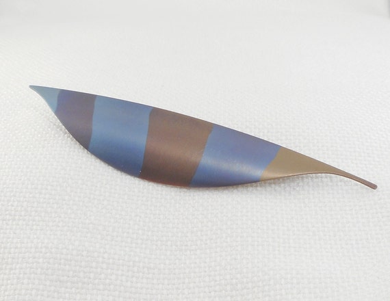 Vintage Modernist Blue & Brown Enamel Leaf Feathe… - image 1