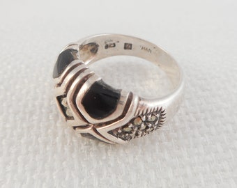 Vintage Unique Sterling Mod Abstract Onyx Marcasite Ring 925 Han Marcasite & Onyx Statement Ring Gift for Her 925 Statement Ring WOW Ring