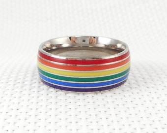 Stainless Steel Pride Rainbow Band Ring Unisex Enamel Rainbow Pride Ring Stainless Steel Colorful Ring Statement Ring LGBTQ Pride Ring