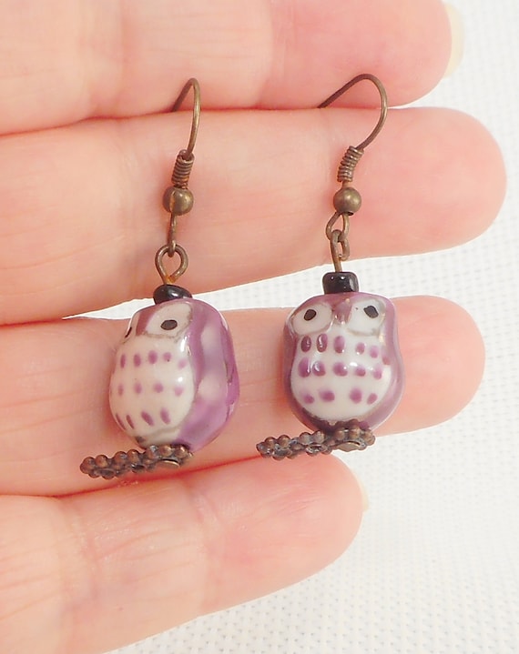 Vintage Artisan Pottery Purple Owl Earrings Collec