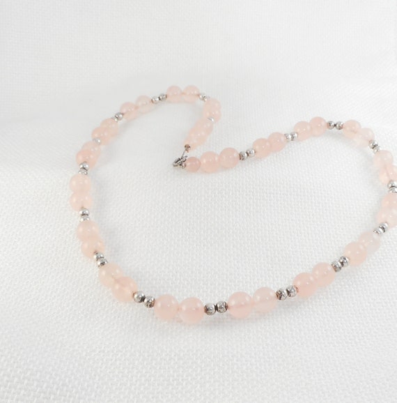 Vintage Rose Quartz & Sterling Beads Necklace Boh… - image 1