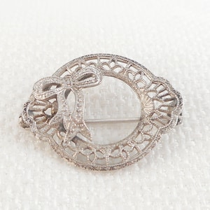 Sterling Silver Art Deco Filigree Wreath and Bow Brooch  Small Edwardian Sterling Filigree Brooch Art Deco Sterling Brooch Gift for Her