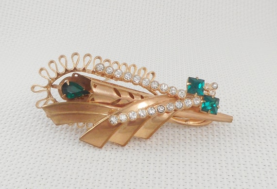 Vintage 1940's Brass & Rhinestone Brooch or Penda… - image 3