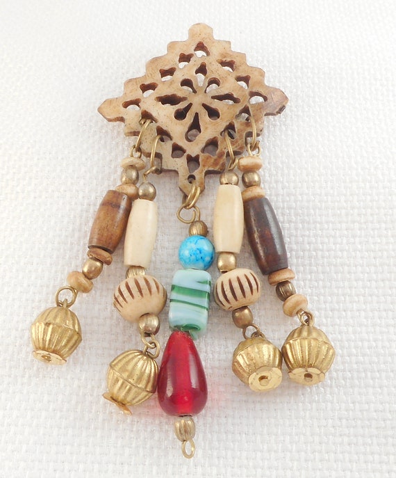 Vintage Carved Bone Tribal Dangle Beads Brooch Et… - image 3
