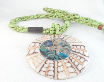 Vintage Etched Mother of Pearl Abalone Inlay Necklace WOW Beach Necklace Spectacular Ocean Necklace Boho Mixed Media Necklace Beach Jewelry