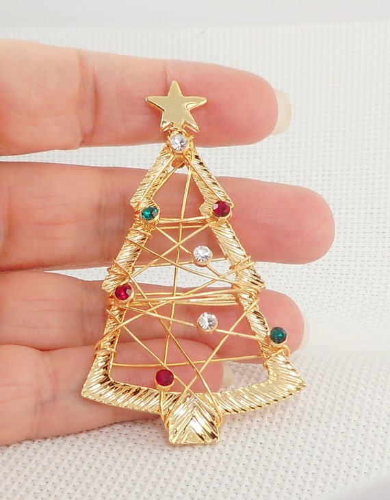 Vintage Open Wire Rhinestone Christmas Tree Pin G… - image 4