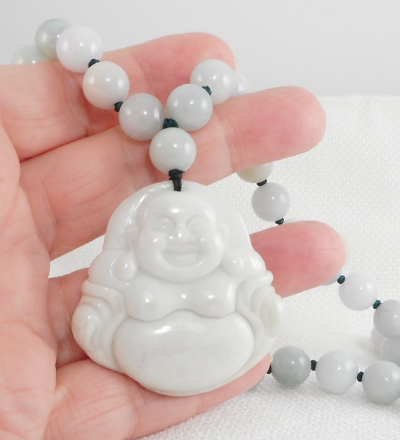 Vintage Jade Laughing Buddah Beads Necklace Feng … - image 6