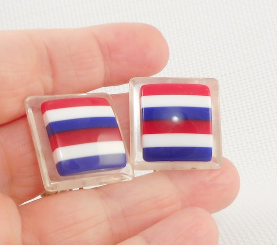 Vintage 1960's Red White & Blue Clip Lucite Earri… - image 1