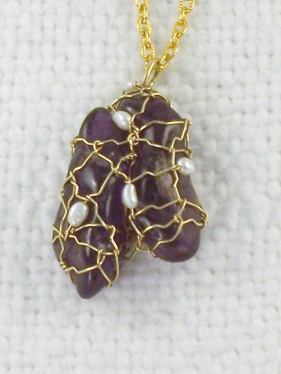 Vintage Wire Wrapped Raw Amethyst & Real Pearls P… - image 3