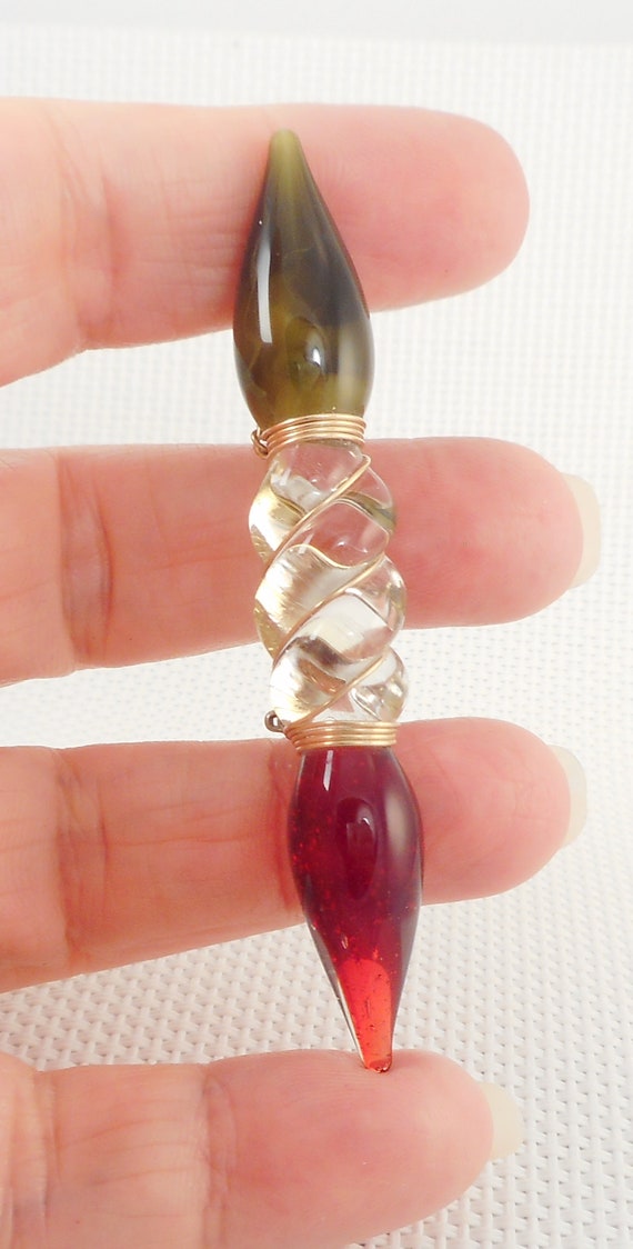 Vintage Unique OOAK Glass Spindle Brooch Artisan Unique Glass Spindle Brooch Red & Green Glass Brooch Statemen Brooch 80's Glass Brooch View 4