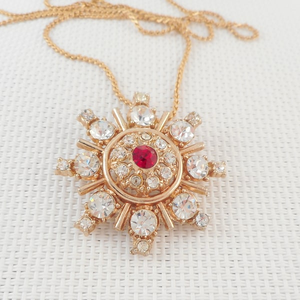 Vintage Red & Clear Rhinestones Fiery Sunburst Necklace 70's Fiery Starburst Rhinestone Pendant Necklace Gift for Her Vintage 70's Necklace