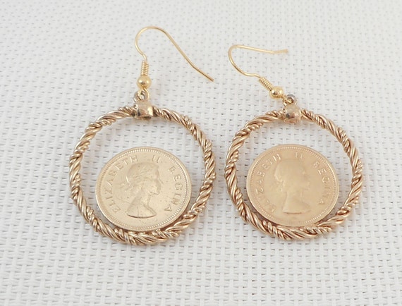 Vintage 1959 Elizabeth II Regina Coins Drop Earri… - image 1