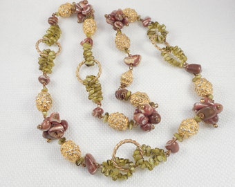 Vintage RARE 1960's Hattie Carnegie Necklace with MOP Clusters, Peridot Hoops and Large Gold Nugget Beads AMAZING