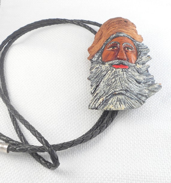 Vintage Hand Carved Wood Bearded Man Leather Bolo… - image 2