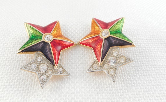 Vintage 1960's Guilloche Enamel Stars Clip Earrin… - image 5