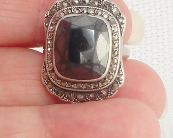 Bague Ancienne Argent Massif - Hématite Et Marcassites, Taille 54, Occasion Bon état