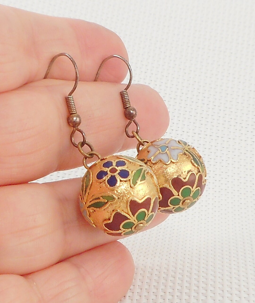 Vintage 70's Gold Cloisonne Champleve Drop Bead Earrings Unique Drop