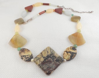 Vintage Jasper & Agate Big Links Necklace Polished Jasper Agate Stones Necklace Nature Stones Necklace Natural Stones Necklace