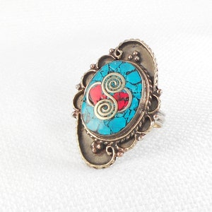 Vintage Big Tibetan Turquoise & Coral Inlay Ring Large Size Tibetan Inlay Ring Big Statement Tibetan Ring Gift for Her Vintage Big Size Ring