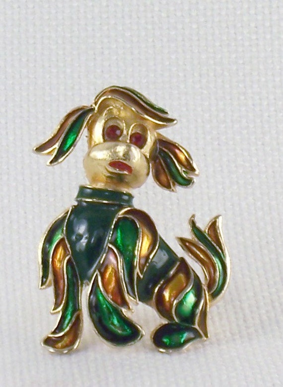 Vintage Enamel Floppy Ear Dog Brooch Pin with Rhin