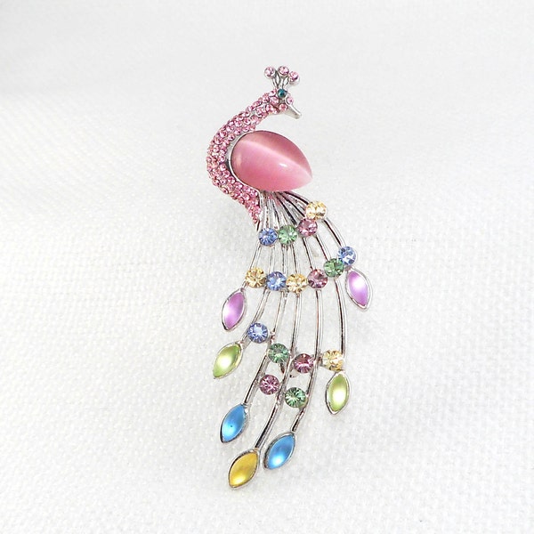 Vintage Pastel Glass Peacock Brooch Pin Majestic Peacock Brooch Peacock Jewelry Gift for Bird Lover Fancy Colorful Peacock Pin Bird Jewelry