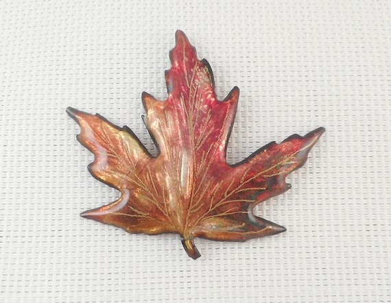 Vintage Shimmering Enamel Maple Leaf Brooch Big S… - image 2