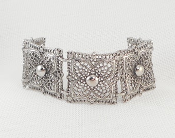 Vintage 1960's Filigree Panel Celebrity Bracelet Wide Link Filigree Panel Bracelet Celebrity Signed  Five Panel Links Bracelet Gift for Her