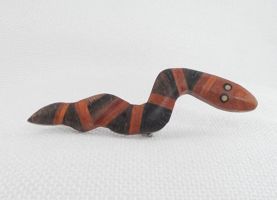 Vintage Layered Wood Snake Pin Brooch Light and D… - image 2