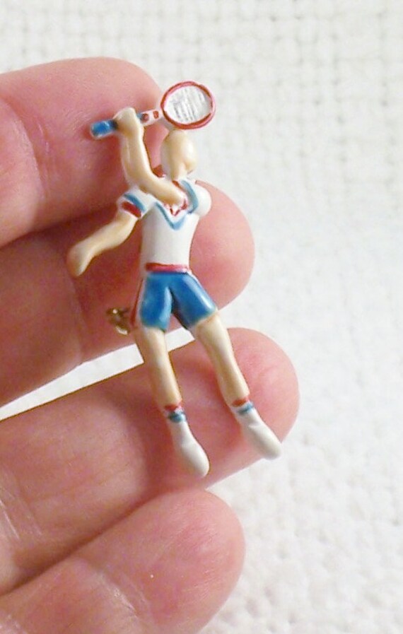 Vintage Enamel Tennis Player Brooch 1960's Tennis… - image 5