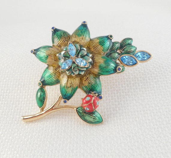 Vintage Monet Enamel Flower & Ladybug Brooch Mone… - image 2