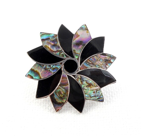 Vintage Taxco Sterling Abalone Pinwheel Flower Br… - image 4