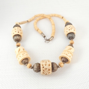Vintage Hand Carved Bone Beads Ethnic Tribal Necklace Tribal Bone & Fluted Metal Beads Necklace Unique RARE Carved Bone Beads Necklace