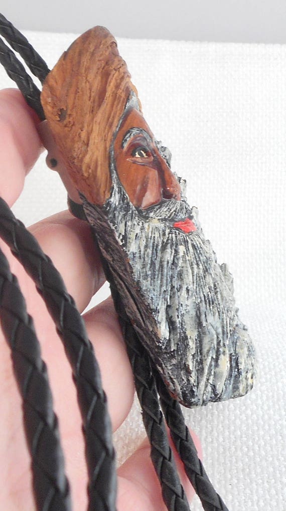 Vintage Hand Carved Wood Bearded Man Leather Bolo… - image 4