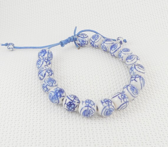 Vintage Chinese Pull Cord Beads Bracelet Blue & W… - image 4