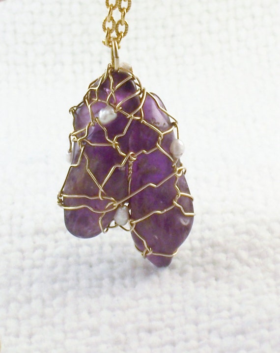 Vintage Wire Wrapped Raw Amethyst & Real Pearls P… - image 5