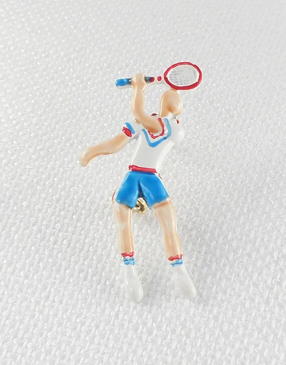 Vintage Enamel Tennis Player Brooch 1960's Tennis… - image 4