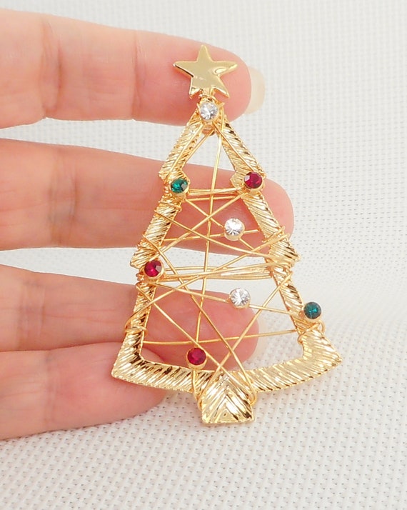 Vintage Open Wire Rhinestone Christmas Tree Pin G… - image 6